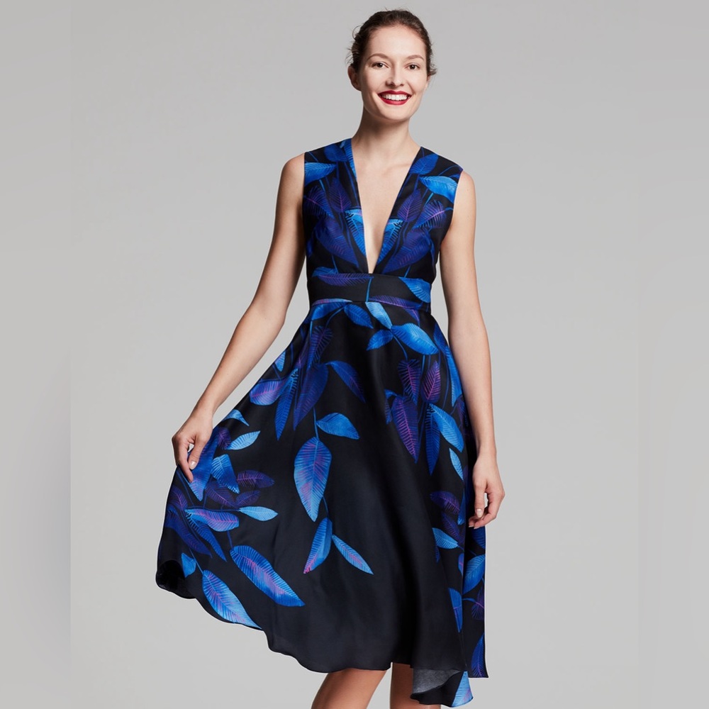 Sleeveless Leaf-Print Midi Dress Lapis Blue size 4